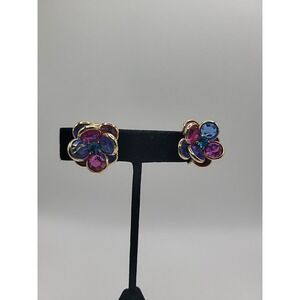 Vintage Gold Tone Rhinestone Flower Clip On Earrings Pink Blue Multicolor Retro